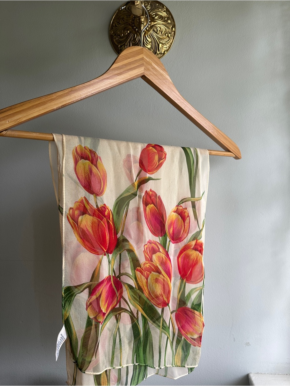 Talbots Vintage Silk Tulip Print Scarf - Peach & Green Floral - Picture 2 of 3